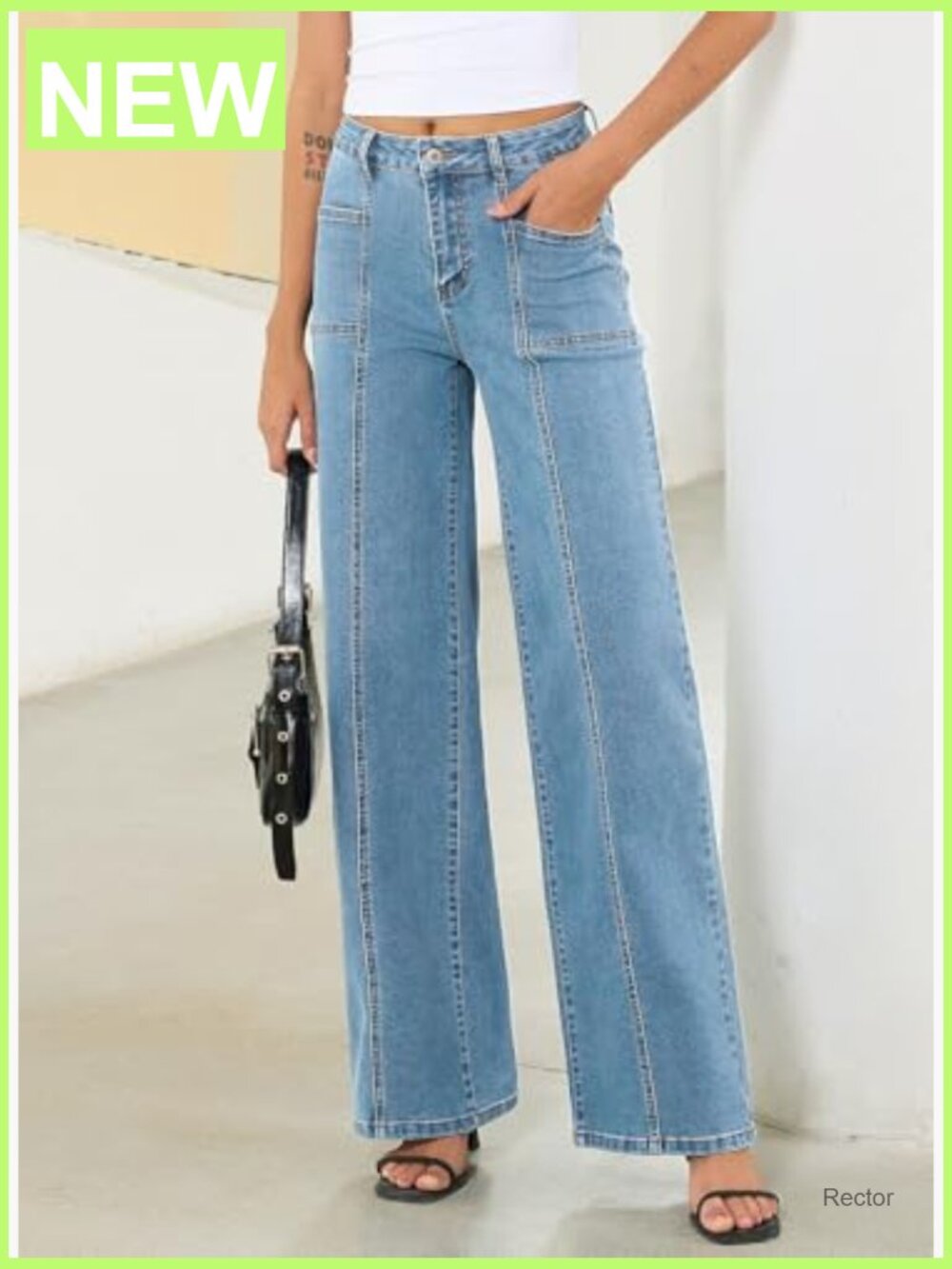 High Waisted Wide Leg Jeans Stretchy Baggy Denim Pants - Picture 3 of 7